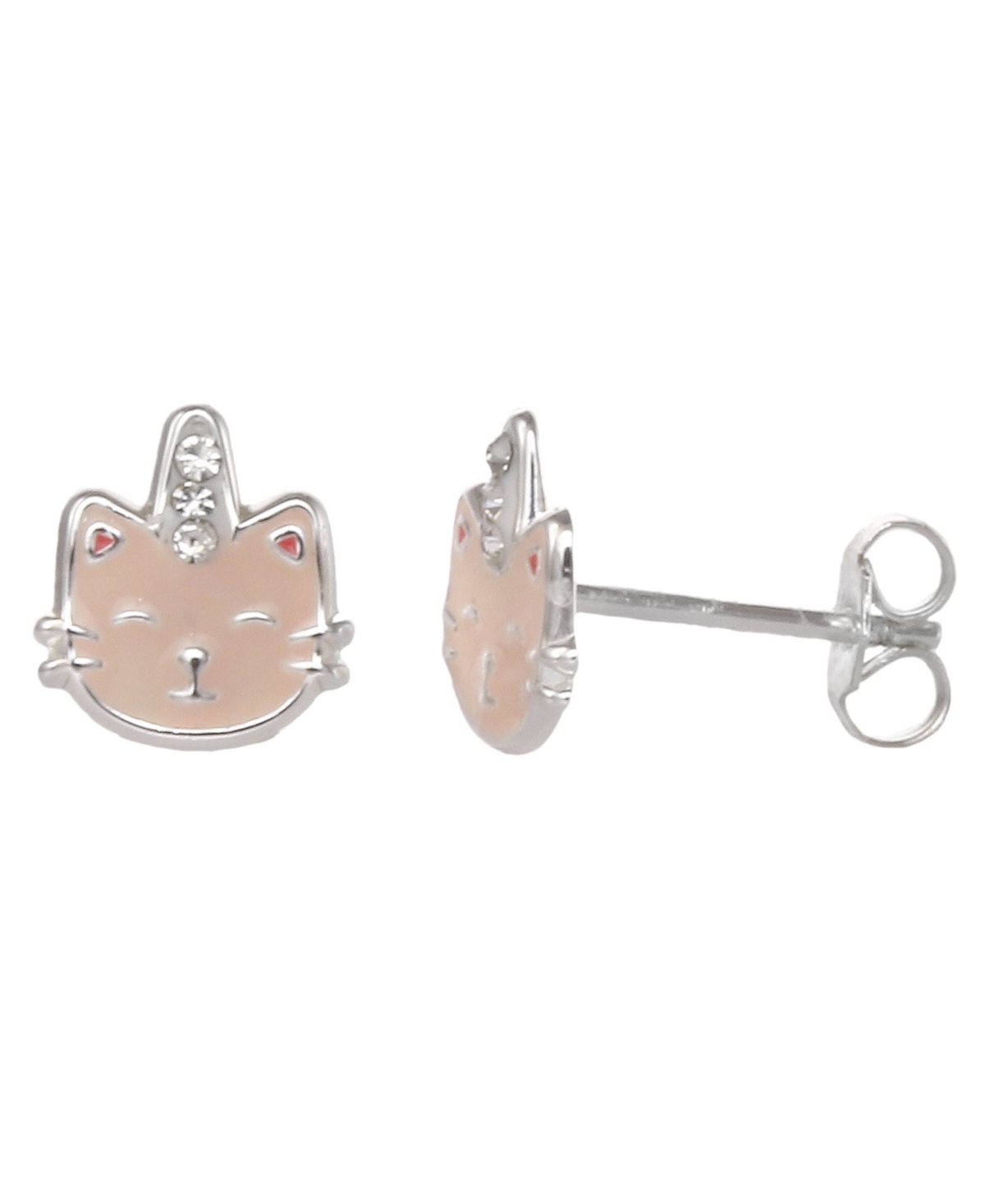 Women's Sterling Silver Enamel Kitty Stud Earrings with Crystal Stone - Pink