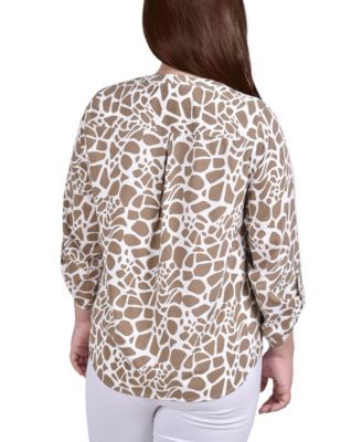 Plus Size 3/4 Sleeve Roll Tab Y Neck Blouse