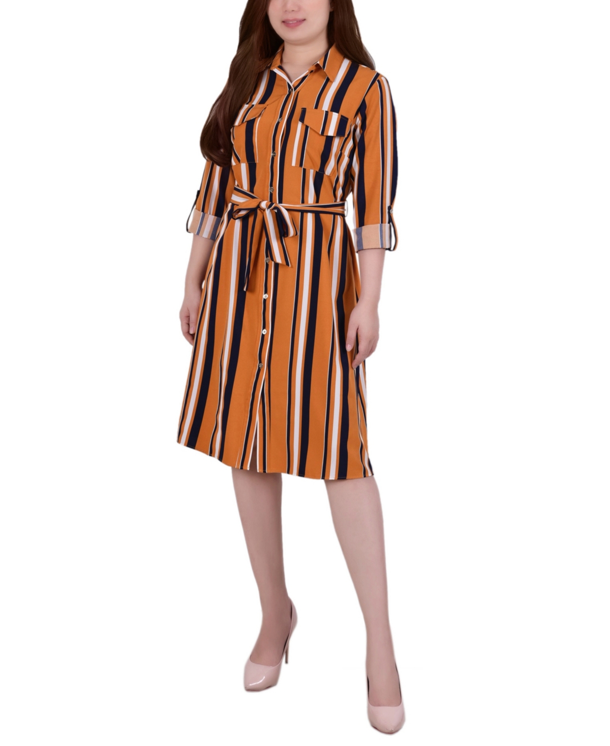 Petite Striped Roll Tab Shirt Dress - Mustard Stripe