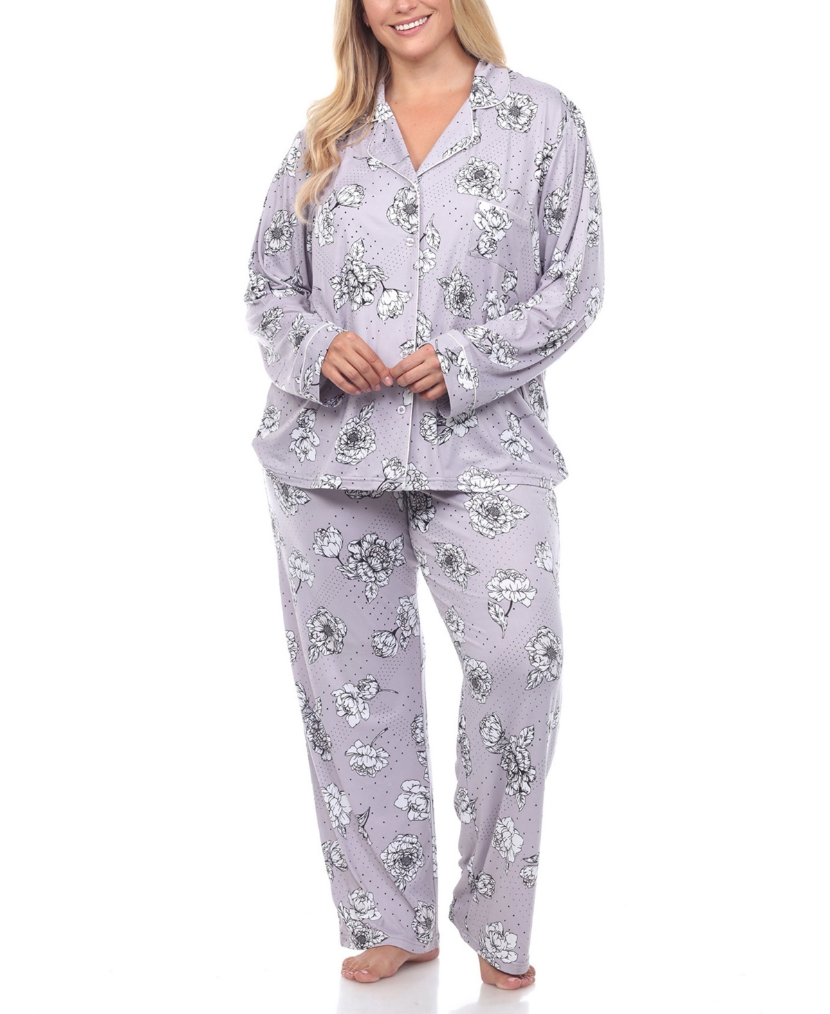 Plus Size Long Sleeve Floral Pajama Set, 2-Piece - Gray Flower