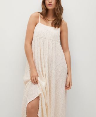 mango textured cotton blend dress Mango cotton mix textured round neck mini dress with lettuce hem in white
