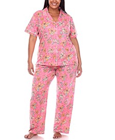 Plus Size Short Sleeve Pants Tropical Pajama Set, 2-Piece