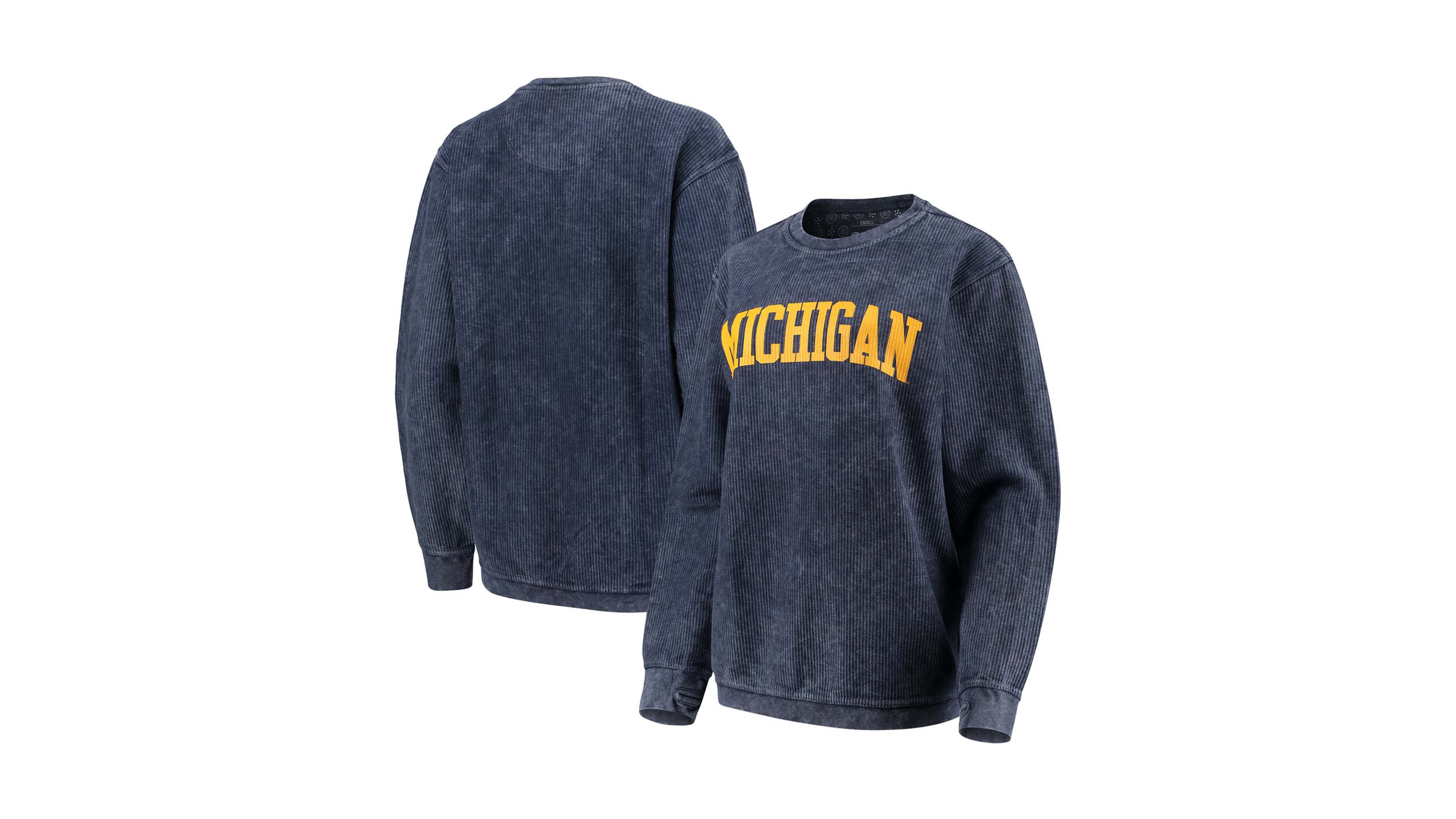 Women's Navy Michigan Wolverines Comfy Cord Vintage-Like Wash Basic Arch Pullover Sweatshirt