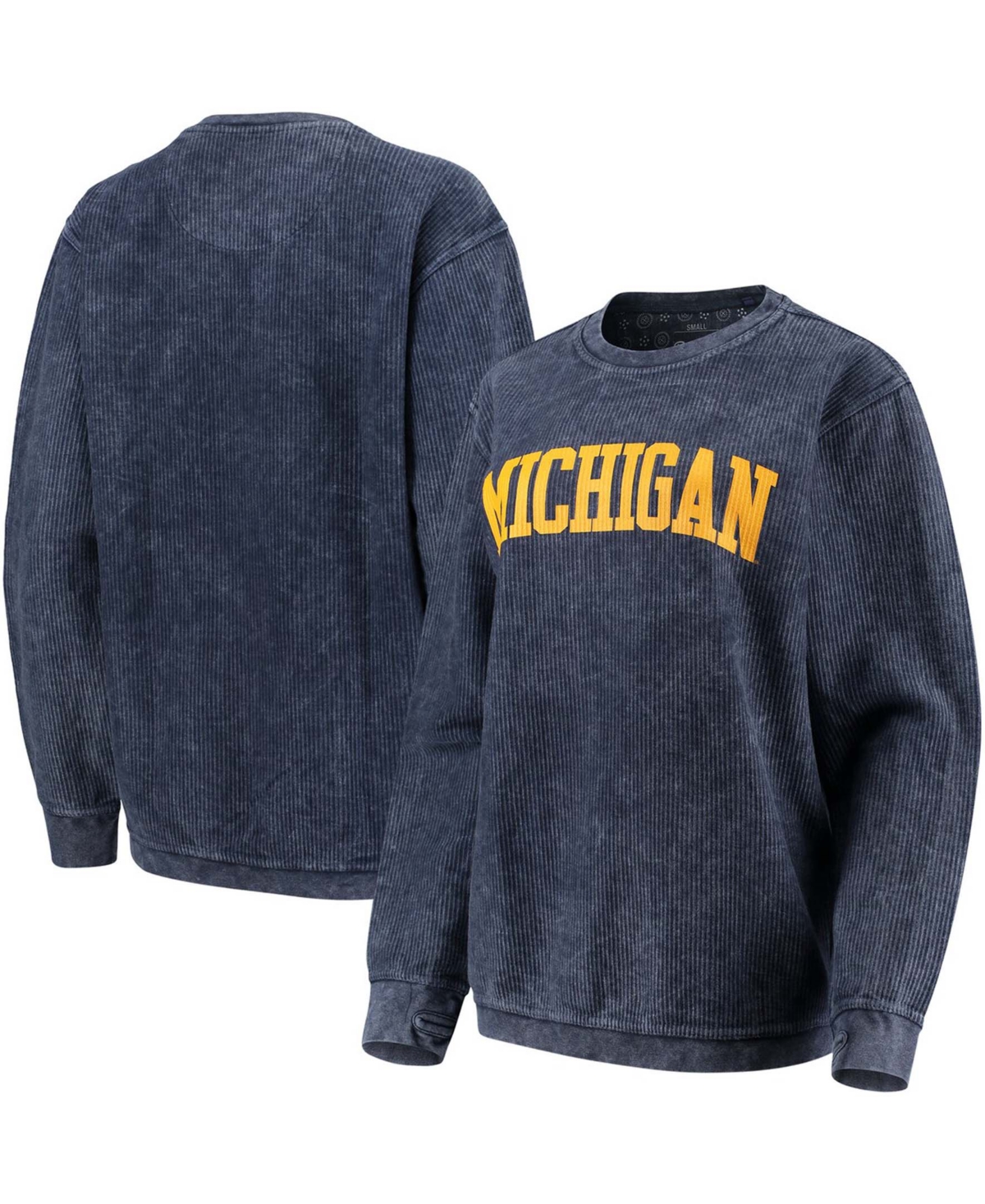 Women's Navy Michigan Wolverines Comfy Cord Vintage-Like Wash Basic Arch Pullover Sweatshirt - Navy