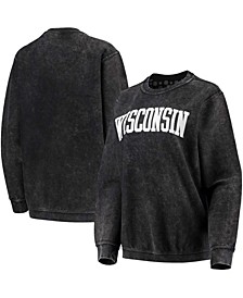 Women's Black Wisconsin Badgers Comfy Cord Vintage-Like Wash Basic Arch Pullover Sweatshirt