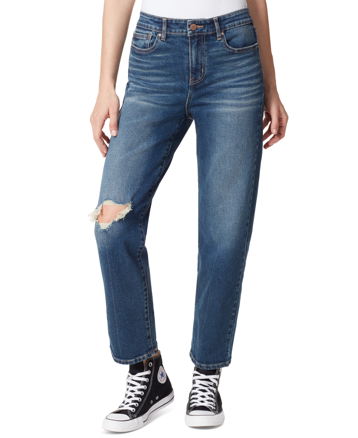 Frayed Denim High-Rise Straight-Leg Frayed-Cuff Cropped Jeans