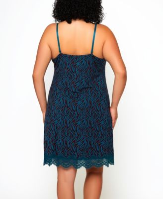 Plus Size Zebra Print Jersey Knit Chemise with Lace Trims and Adjustable Straps