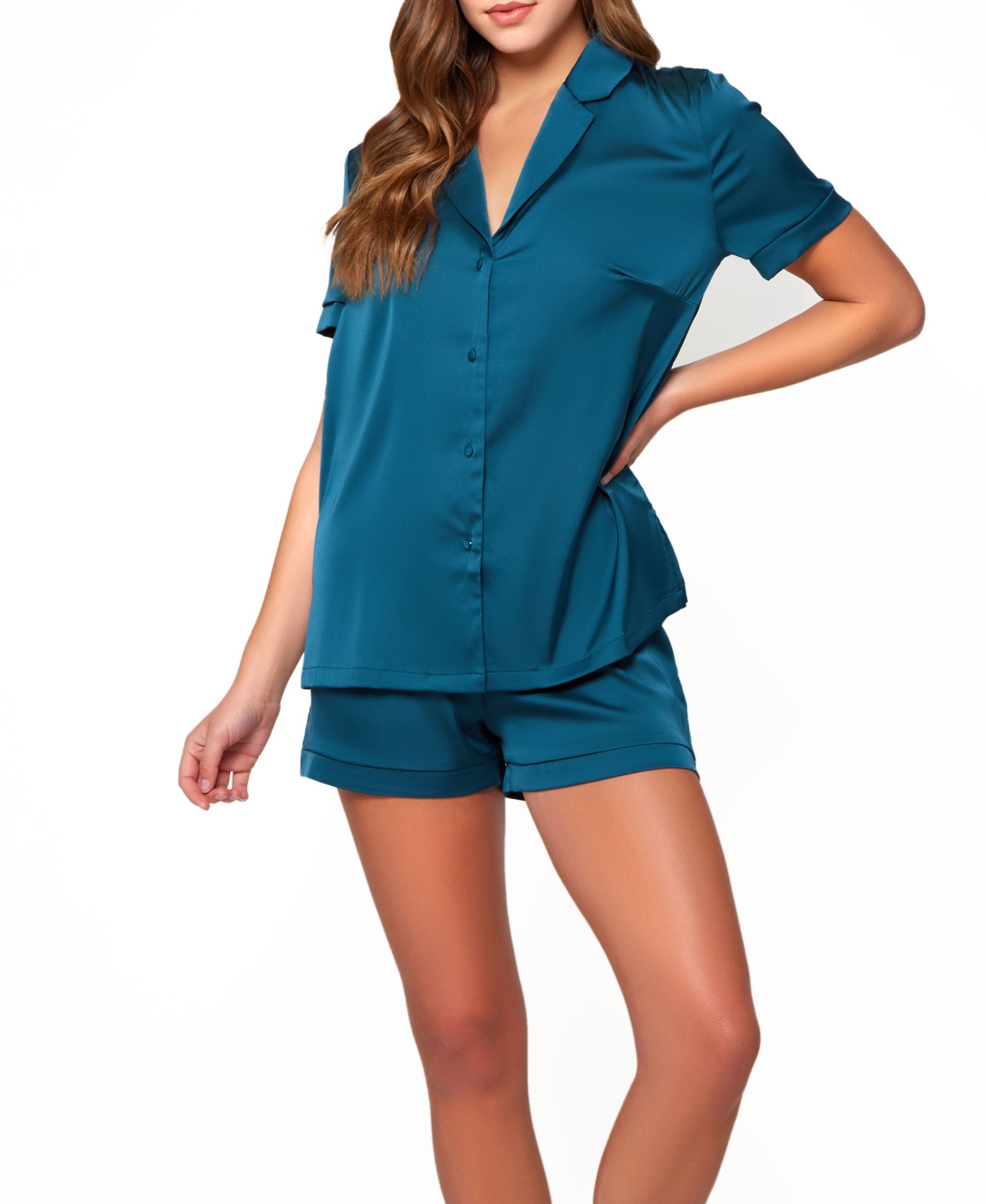 Women's Lucile Satin and Lace Short Sleeve Pajamas Set - Teal