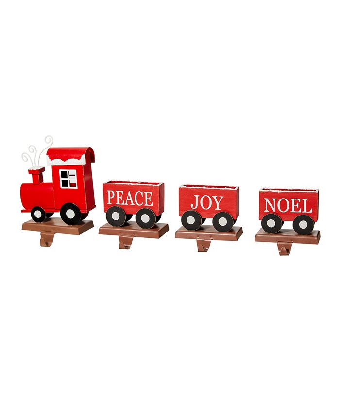 Glitzhome 4 Piece Wooden Metal Christmas Train Stocking Holder Set, 6