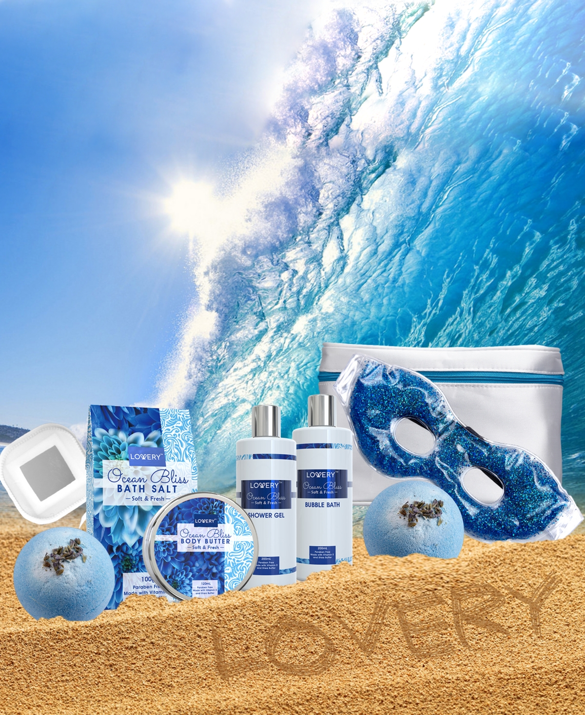 Lovery Ocean Bliss Body Care Gift Set, Bath and Shower Essentials with Cosmetic Bag, 9 Piece
