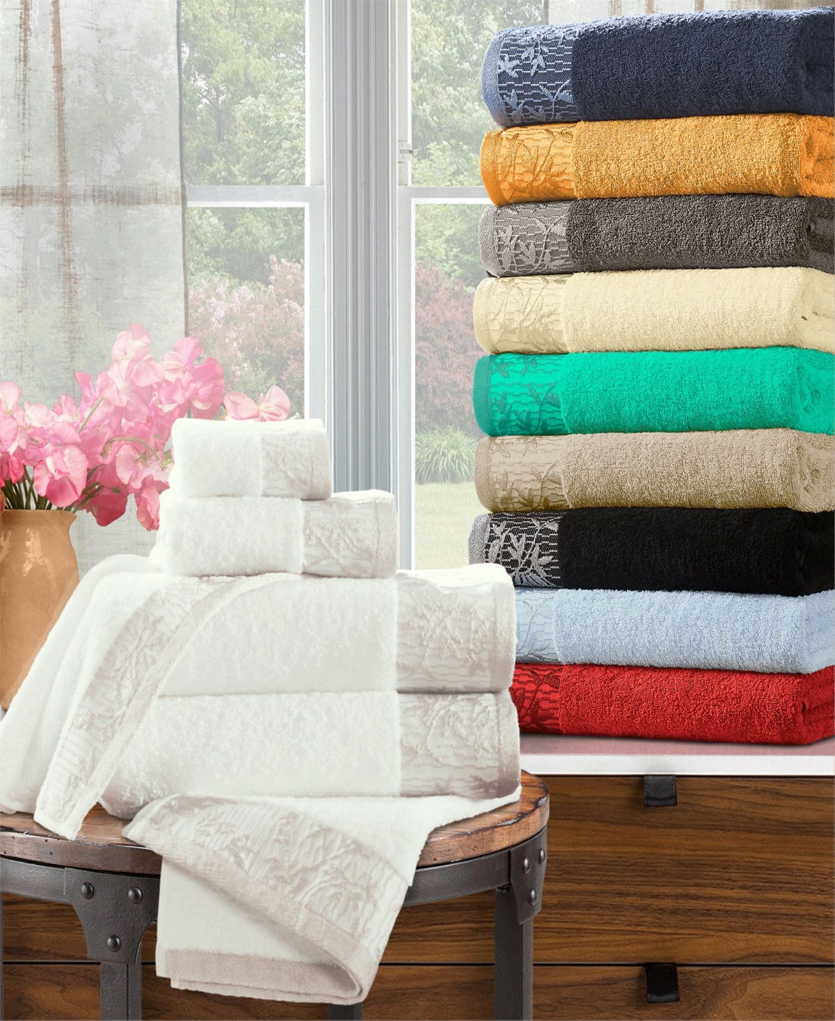 Superior Wisteria Floral Embroidered Jacquard Border Cotton Set, 6 Piece