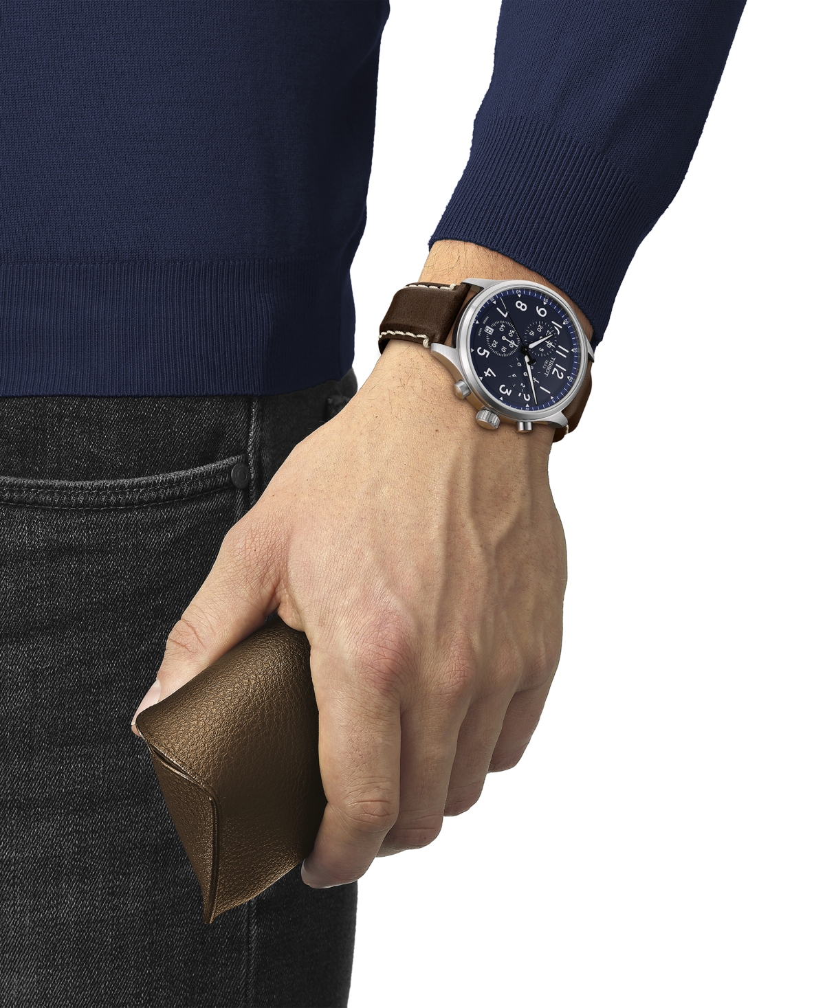 Shop Tissot Men's Swiss Chronograph Xl Vintage Brown Leather Strap Watch 45mm In Blue