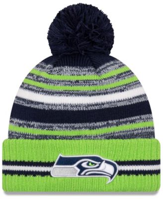 New Era - Youth Navy/Neon Green Seattle Seahawks 2021 Sideline Sport Pom Cuffed Knit Hat