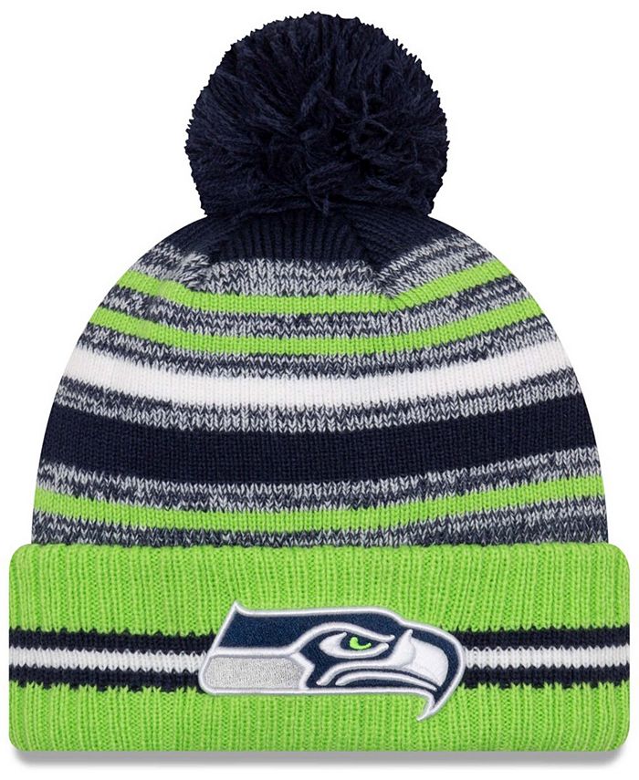 New Era - Youth Navy/Neon Green Seattle Seahawks 2021 Sideline Sport Pom Cuffed Knit Hat