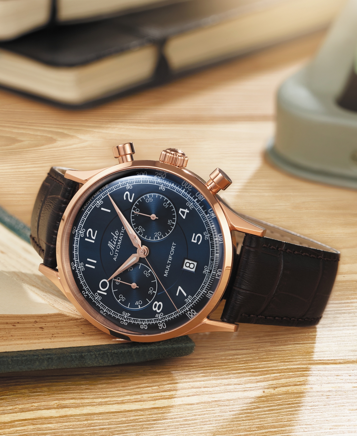 Shop Mido Men's Swiss Automatic Chronograph Multifort Brown Leather Strap Watch 42mm In Blue