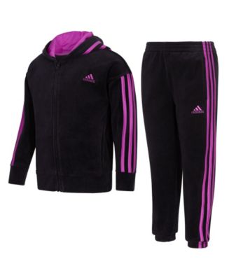 adidas Little Girls Zip Front 3 Stripes Velour Hoodie and Joggers, 2 ...