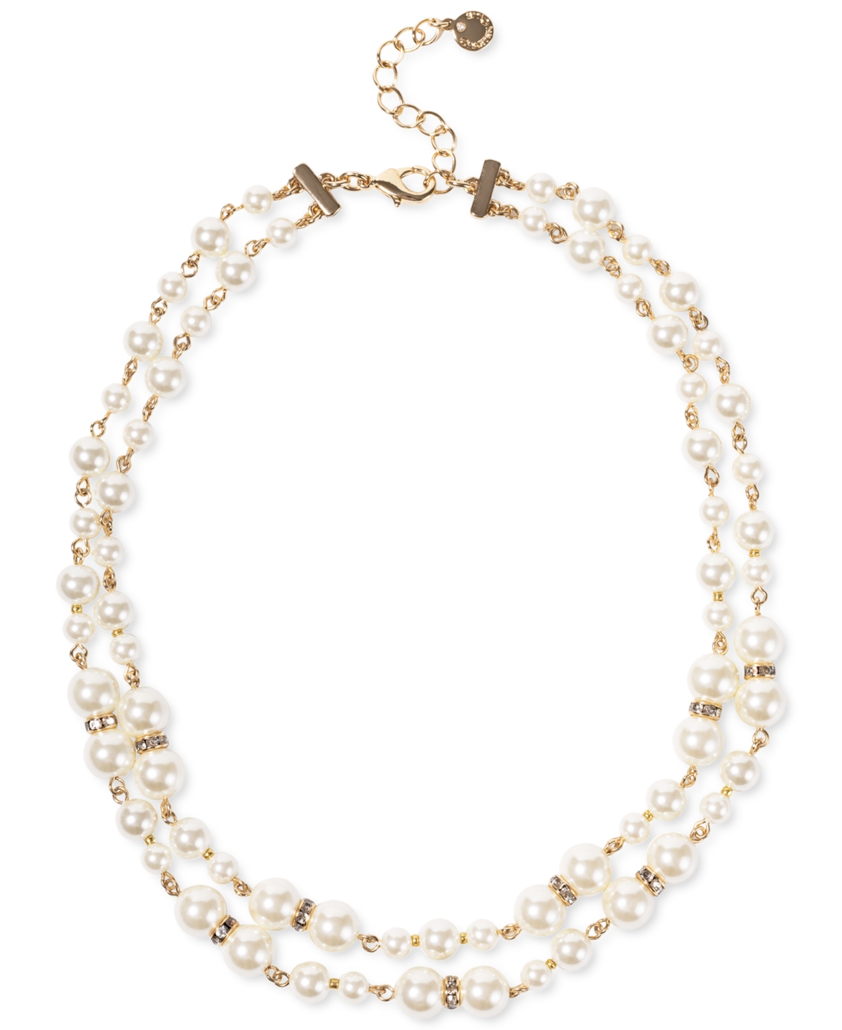 Gold-Tone Pave Rondelle Bead & Imitation Pearl Layered Strand Necklace, 17" + 2" extender, Created for Macy's - White