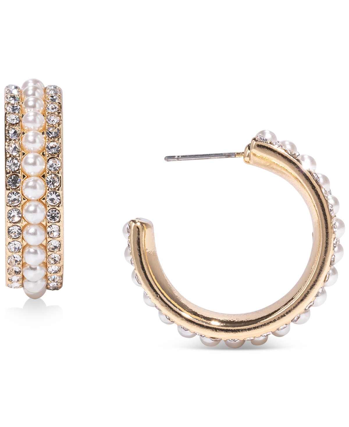Gold-Tone Medium Pave & Imitation Pearl C-Hoop Earrings, 1.15", Created for Macy's - White