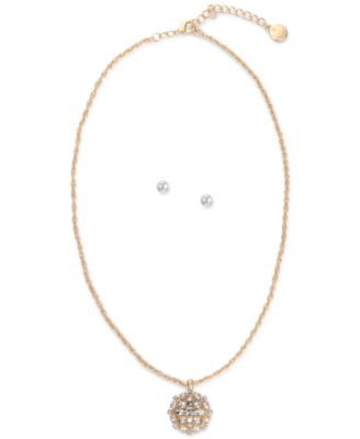 Photo 1 of Charter Club Gold-Tone Crystal & Imitation Pearl Cluster Pendant Necklace & Stud Earrings Set, W/GIFT BOX