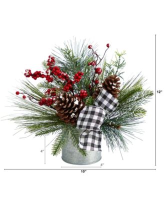 Frosted Pinecones and Berries Artificial Arrangement in Vase with Decorative Plaid Bow, 12"