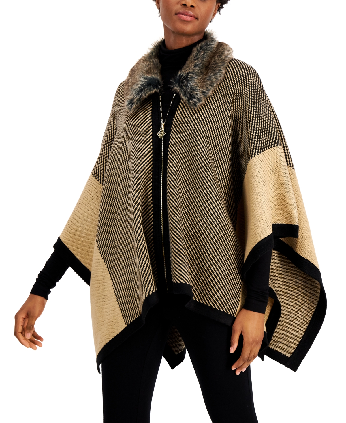 ANNE KLEIN FAUX-FUR COLLAR ZIP-FRONT PONCHO SWEATER