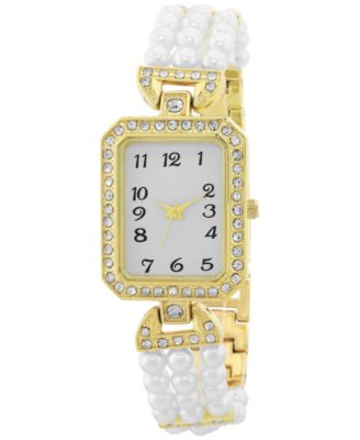 Photo 1 of Charter Club Women's Gold-Tone Pavé & Imitation Pearl Bracelet Watch 12x11mm, Created for Macy's