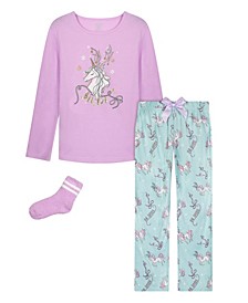 Big Girls 3 Piece Unicorn Top, Pajama and Socks Set