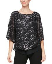 Alex Evenings Embroidered Stretch Tulle Scoop Neck 34 Sleeve Scallop Hem Blouse - M