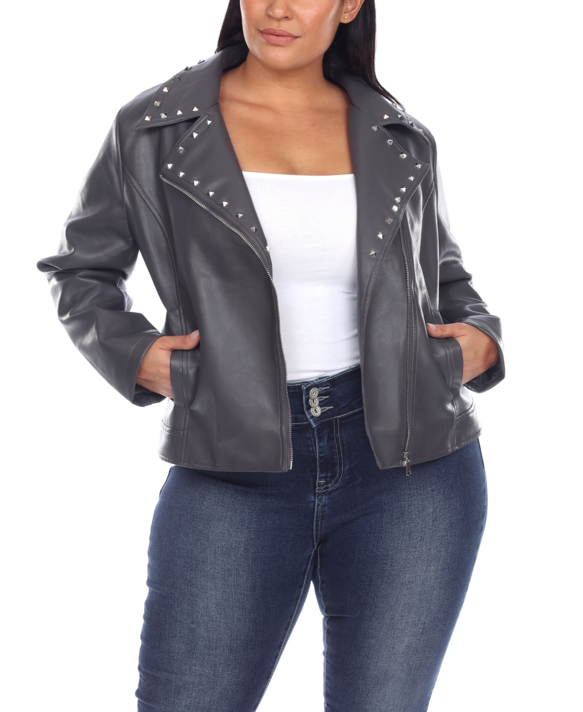 Plus Size Faux Leather Jacket - Olive