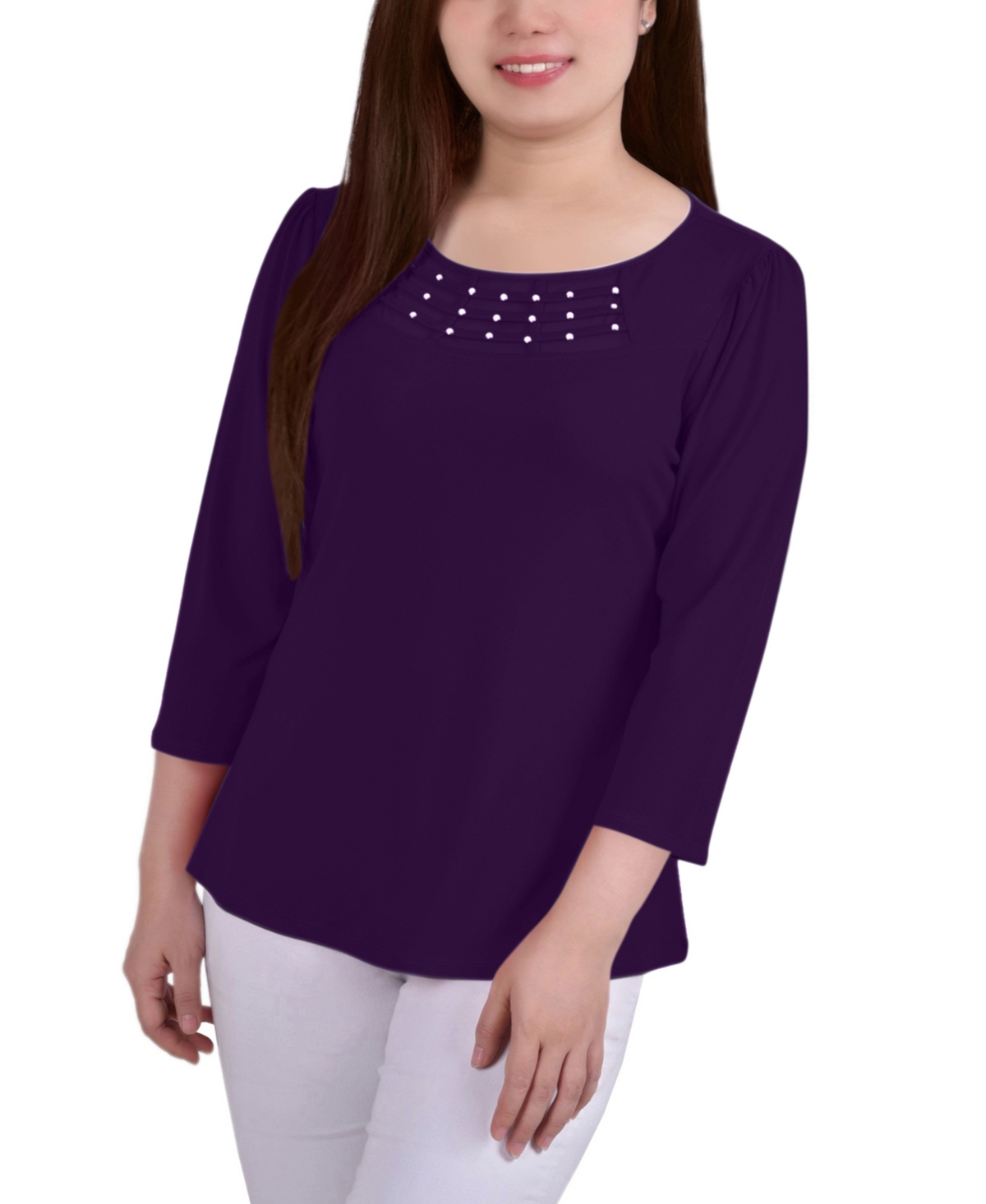 Petite 3/4 Sleeve Crepe Knit Top - Purple