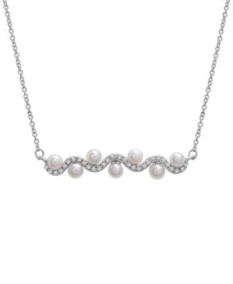 Macy's - Cultured Freshwater Pearl (3mm) & Diamond (1/10 ct. t.w.) Wavy 17" Bar Necklace in Sterling Silver