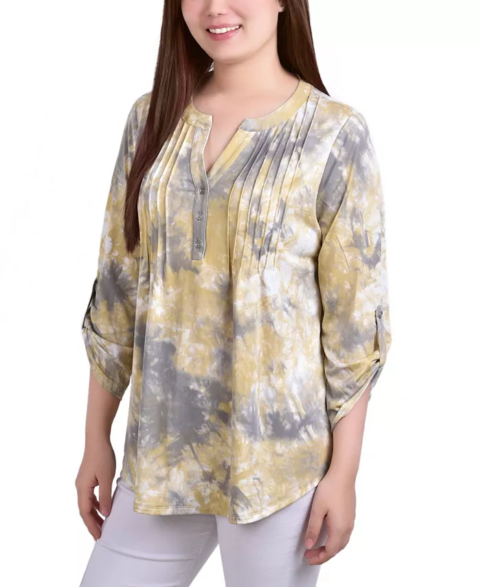 Petite Knit Jacquard 3/4 Sleeve Roll Tab Pintuck Top - thumbnail 3