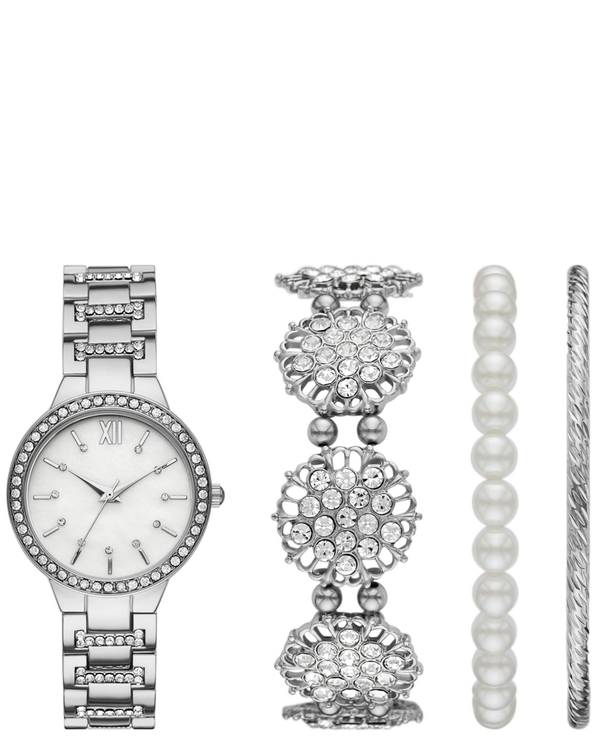 Women's Silver Bracelet Watch Gift Set, 35mm - Silver