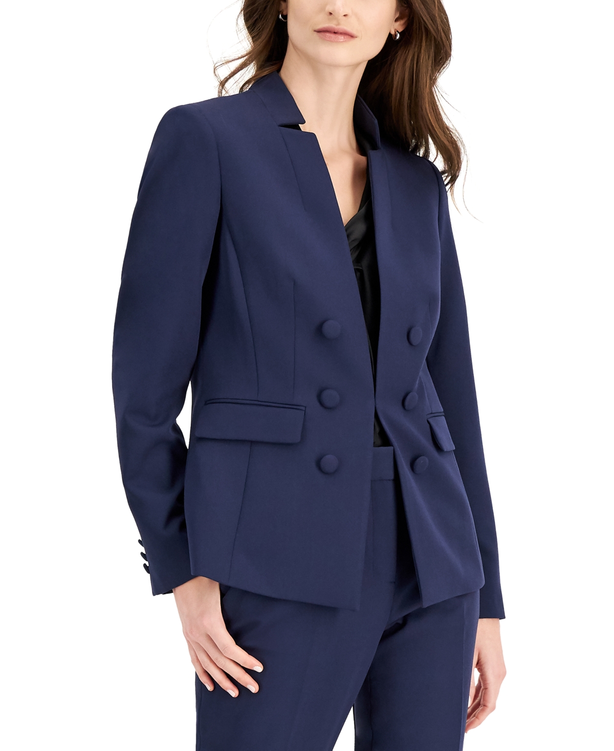 Tahari Asl Notch Collar Faux Double Breasted Blazer In Navy | ModeSens