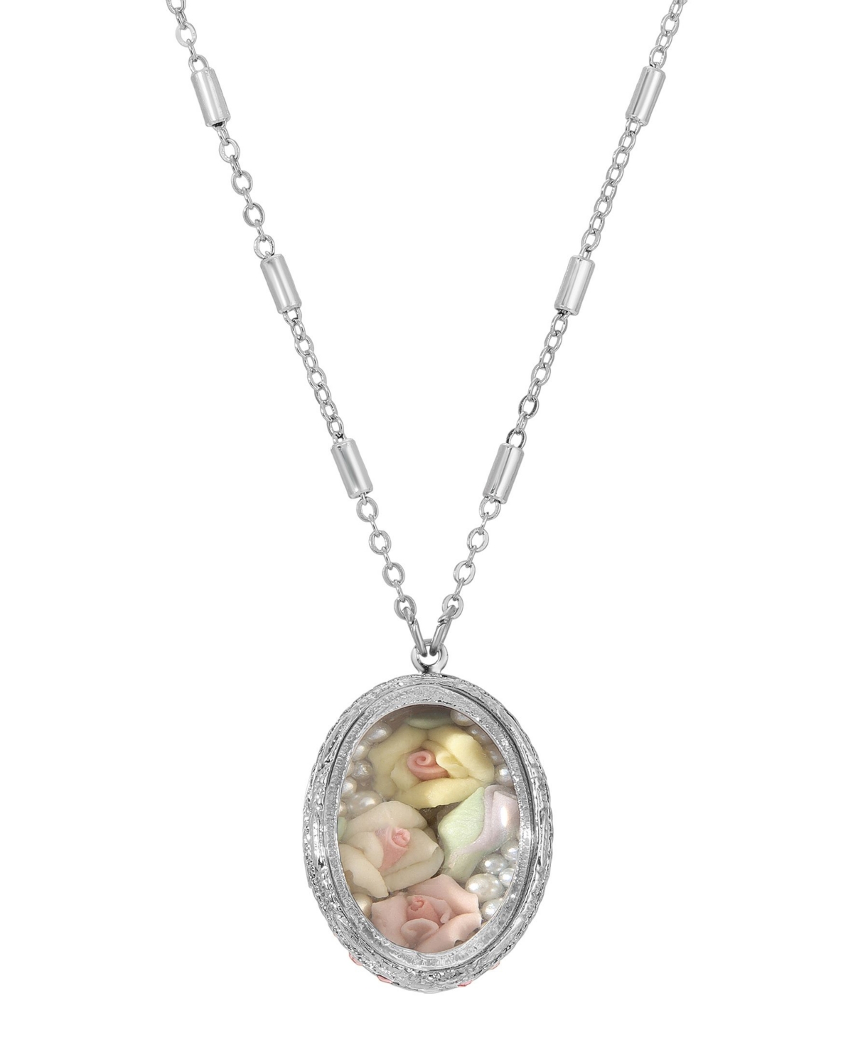 2028 Flower Silver-tone Oval Multicolor Rose Necklace In Pink