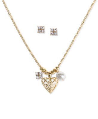 Photo 1 of Charter Club Gold-Tone 2-Pc. Set Crystal Earrings & Heart Pendant Necklace, 17" + 2" extender, W/GIFT BOX