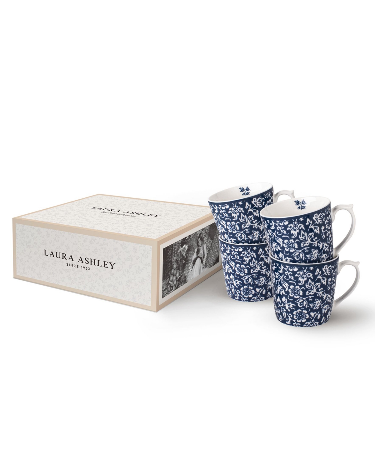 Closeout! Laura Ashley Blueprint Collectables 9 Oz Sweet Allysum Mugs in Gift Box, Set of 4 - White with Blue