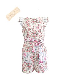 Big Girls Floral Romper with Belt and Headband Accessory