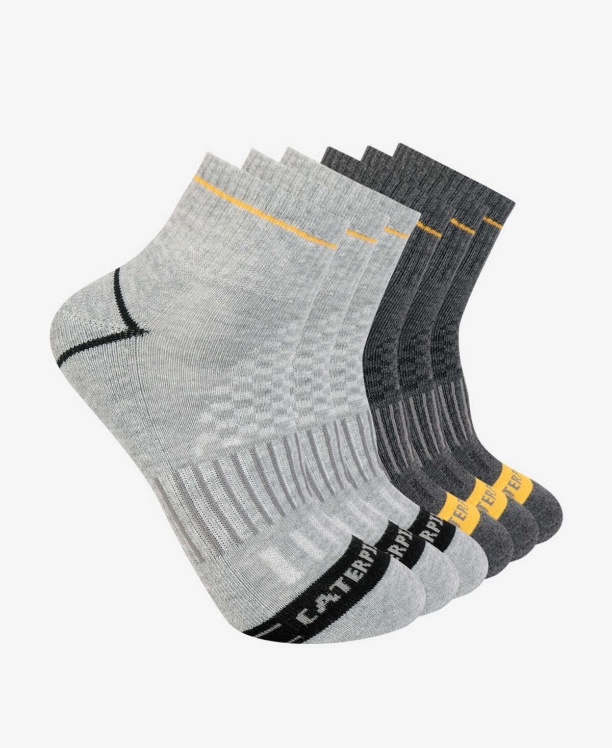 Men's Half Cushion Quarter Socks, Pack of 6 - Black, Gray with Yellow