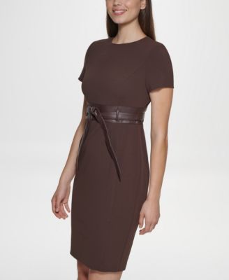 Solid Faux-Leather Tie-Waist Sheath Dress
