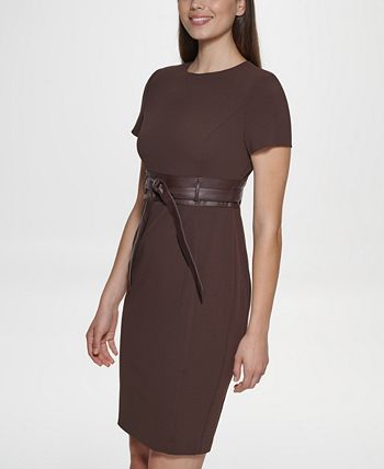 Calvin Klein Solid Faux-Leather Tie-Waist Sheath Dress & Reviews - Dresses  - Women - Macy's