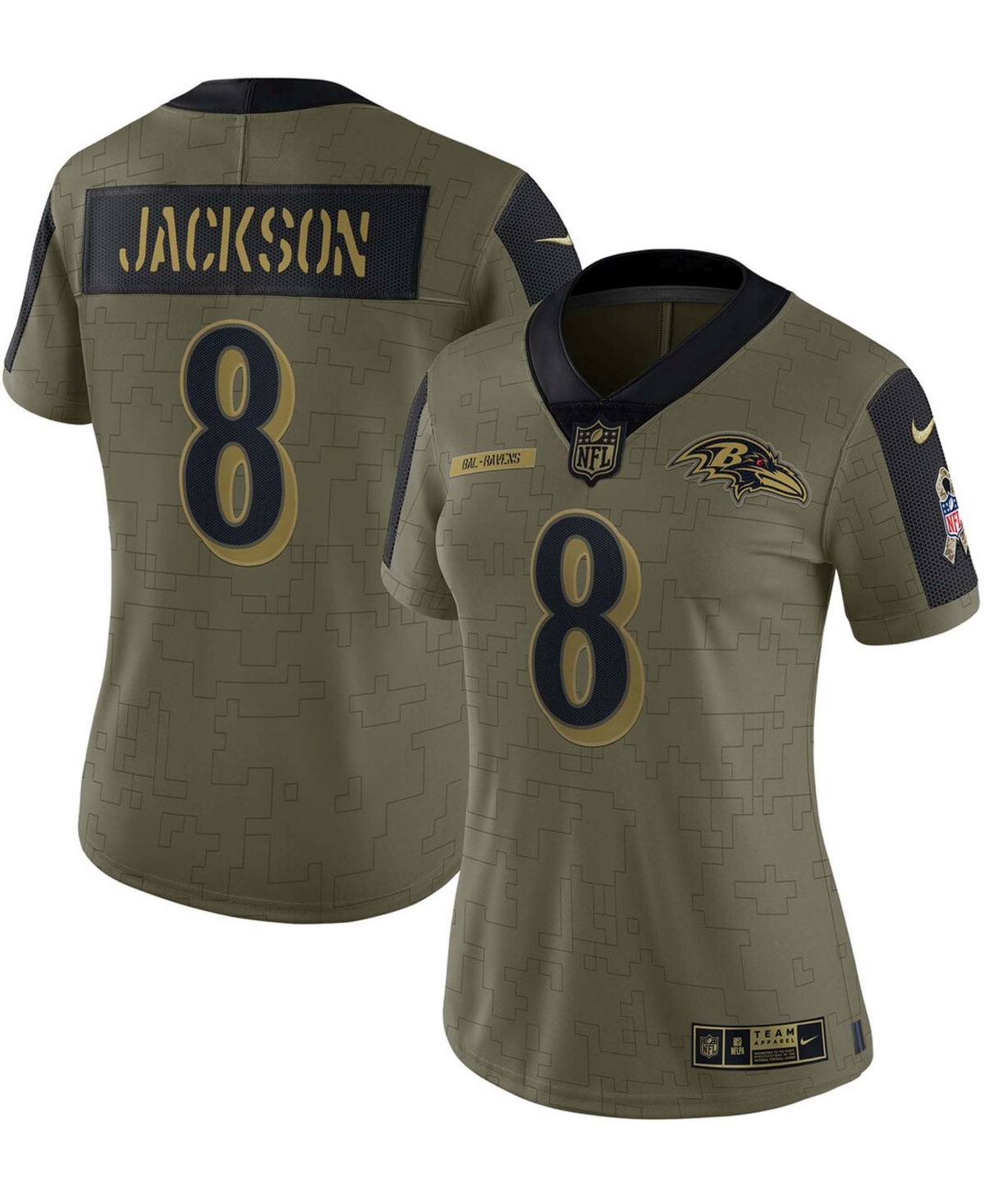 Women's Lamar Jackson Olive Baltimore Ravens 2021 Salute To Service Limited Player Jersey