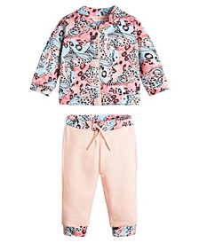 Baby Girls Allover Logo Butterfly Print Zip Sweatshirt and Solid Joggers, 2-Piece Set