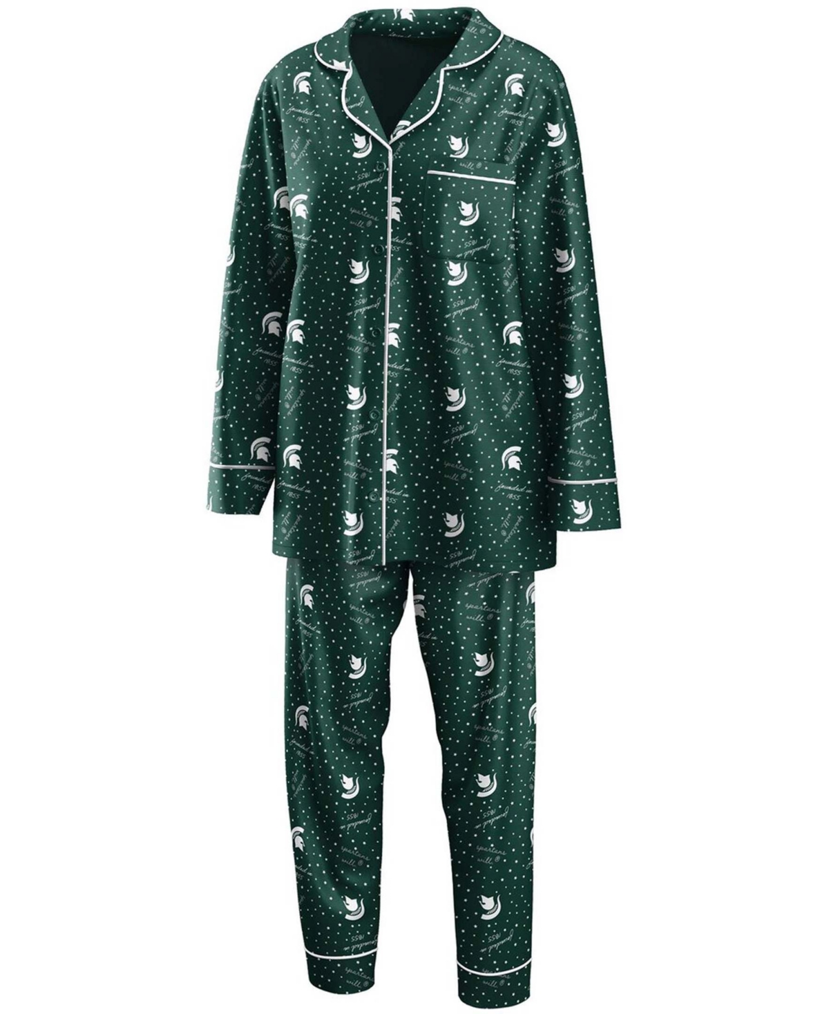 Wear By Erin Andrews Women's Green Michigan State Spartans Long Sleeve Button-up Shirt And Pants Sleep Set