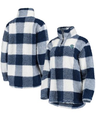 Women's Deep Sea Blue and White Seattle Kraken Plaid Sherpa Quarter-Zip Jacket