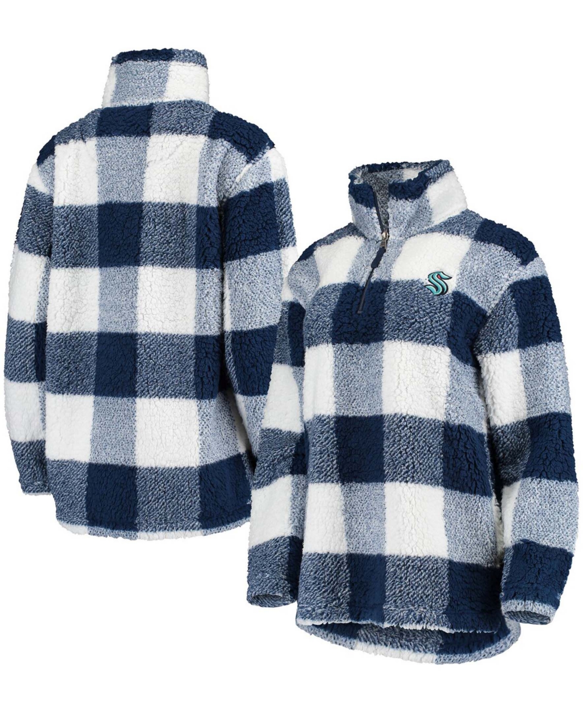 G-III 4HER BY CARL BANKS WOMEN'S DEEP SEA BLUE AND WHITE SEATTLE KRAKEN PLAID SHERPA QUARTER-ZIP JACKET 