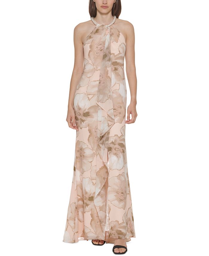 Calvin Klein Floral-Print Halter Gown - Macy's