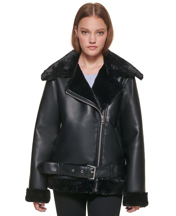 Calvin Klein Jeans Faux-Shearling Moto Jacket & Reviews - Coats - Juniors -  Macy's
