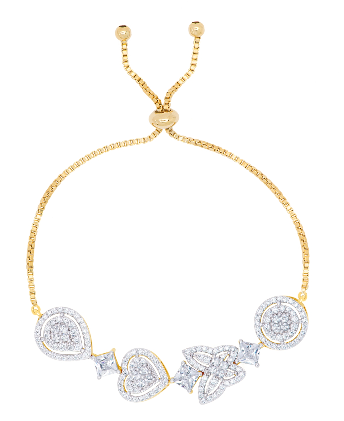 Cubic Zirconia Multi Shape Adjustable Bracelet in Fine Gold Plate, Fine Rose Gold Plate or Fine Silver Plate