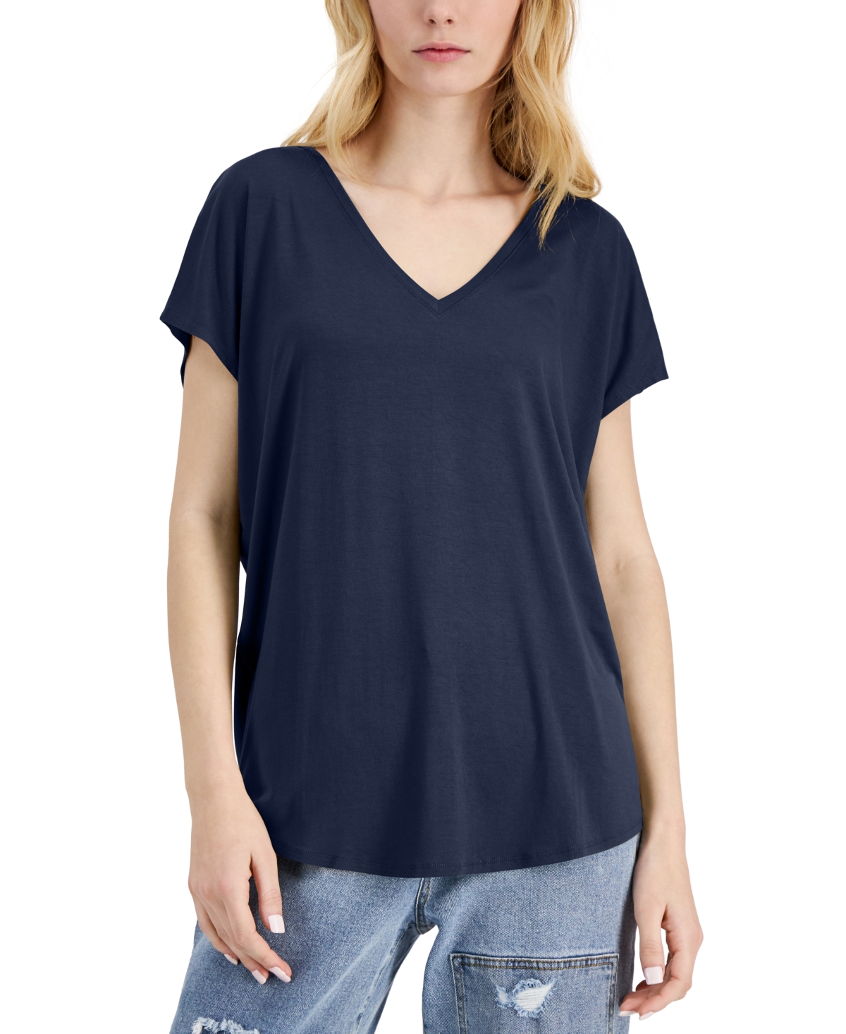 Inc International Concepts Women's Ribbed V-neck Top, Created For Macy's In Indigo Sea